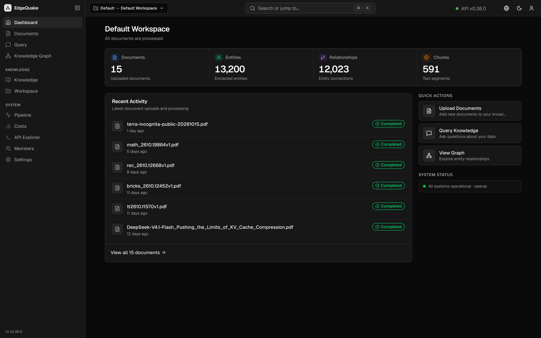 EdgeQuake dashboard showing document, entity, relationship, and chunk counts