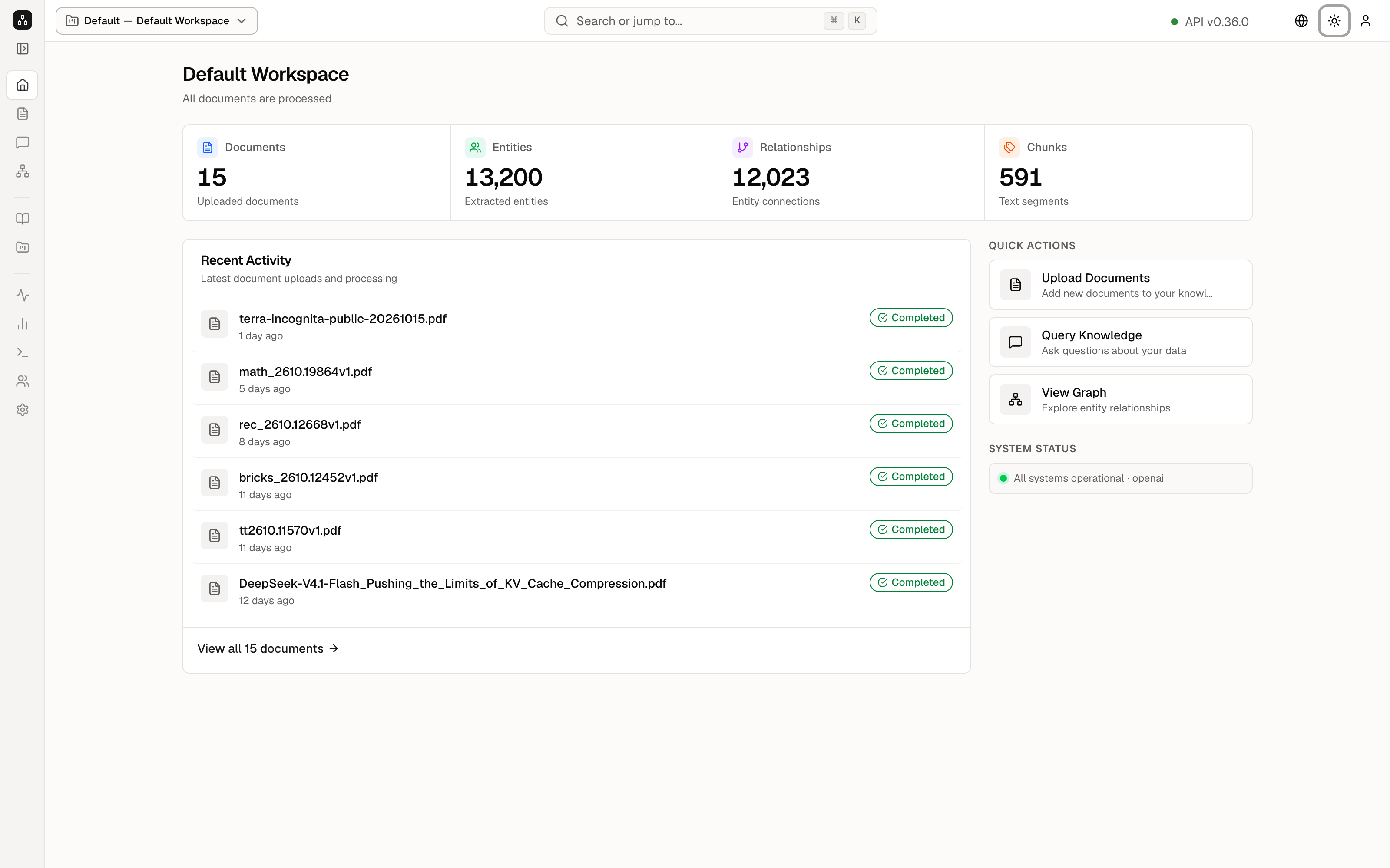 EdgeQuake dashboard showing document, entity, relationship, and chunk counts