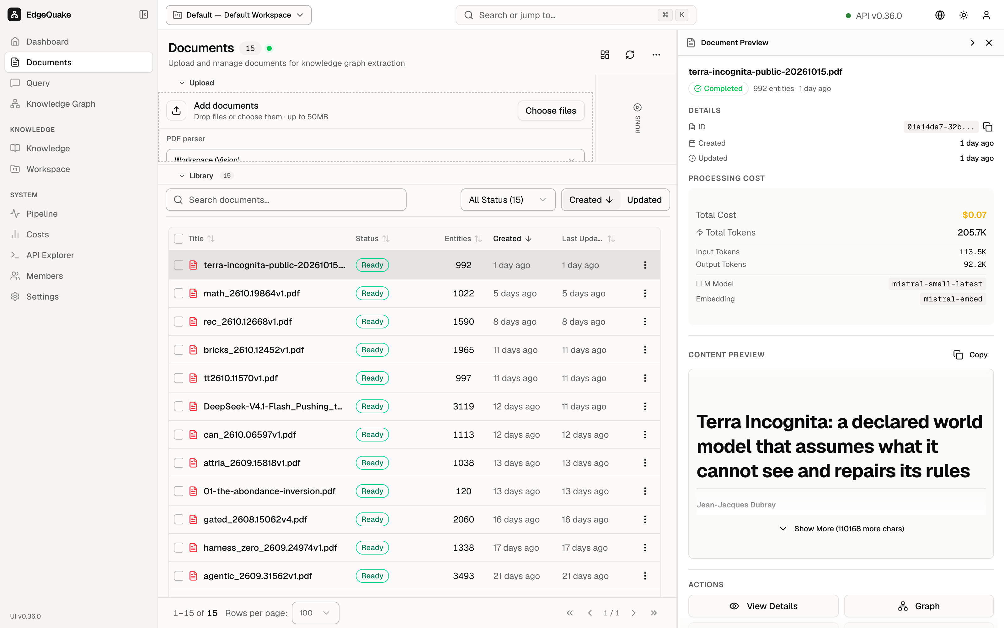 The library with the preview open for terra-incognita-public-20261015.pdf. The panel shows Completed, 992 entities, a cost of $0.07, and the start of the extracted text.