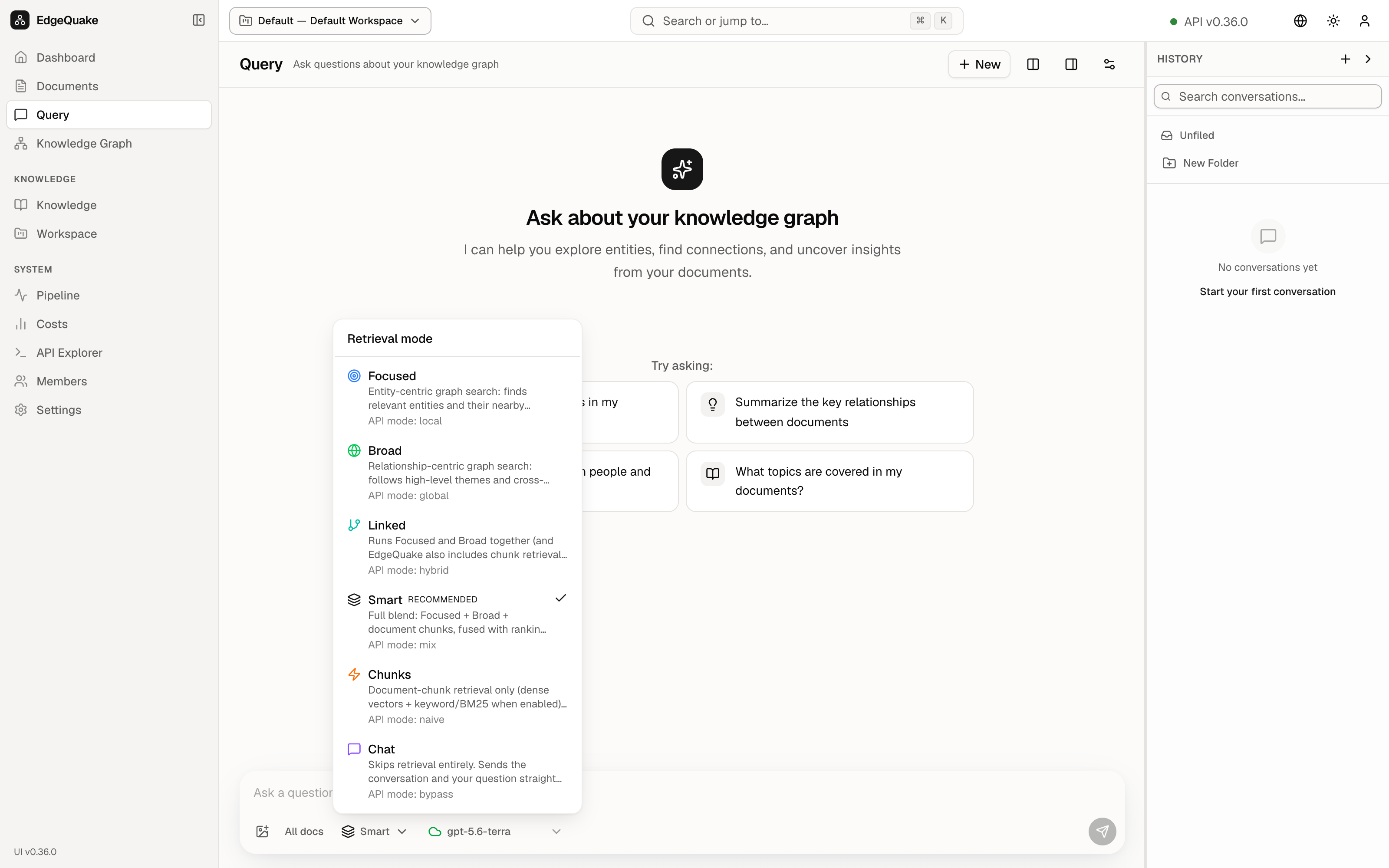 The retrieval menu open. Smart is checked and marked Recommended. The other rows are Focused, Broad, Linked, Chunks, and Chat.