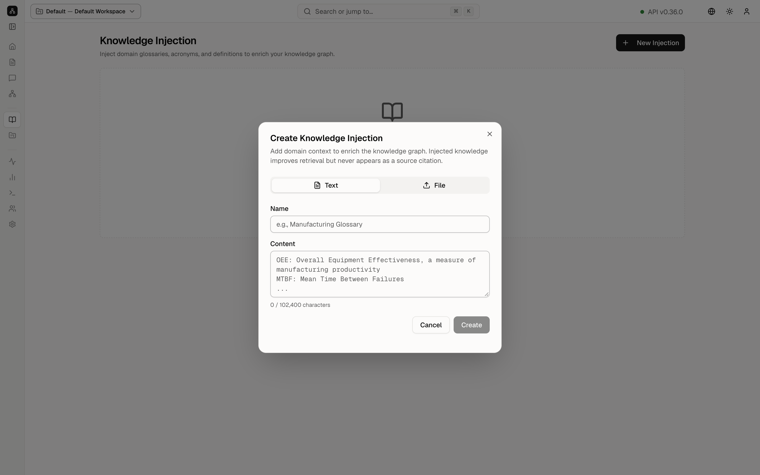 The Create Knowledge Injection dialog. Text is selected. Name and Content are empty, with an example glossary in the Content placeholder. Cancel and Create are at the bottom.