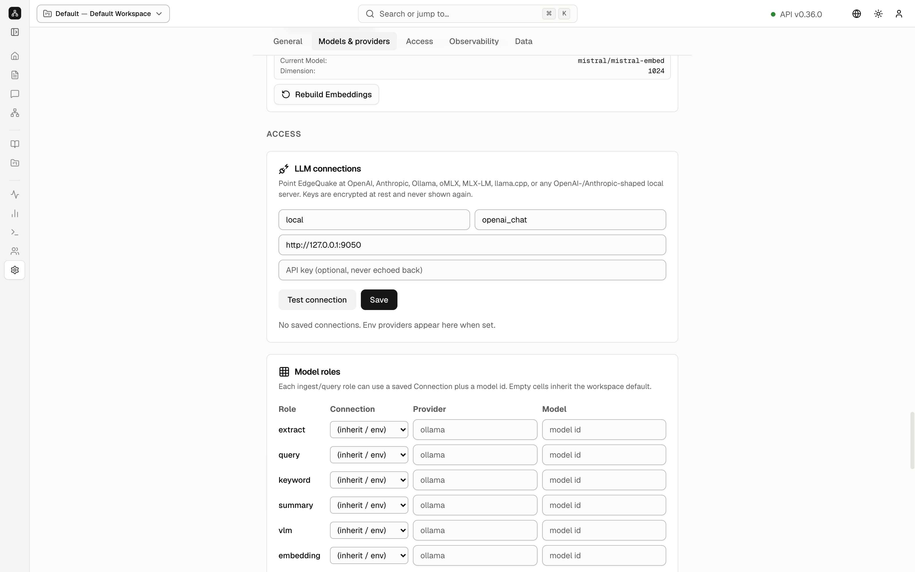 LLM connections. The form has a name, a kind, a base URL, and an empty API key box. Three saved rows from the environment are listed: ollama, openai, and lmstudio, each marked key set.