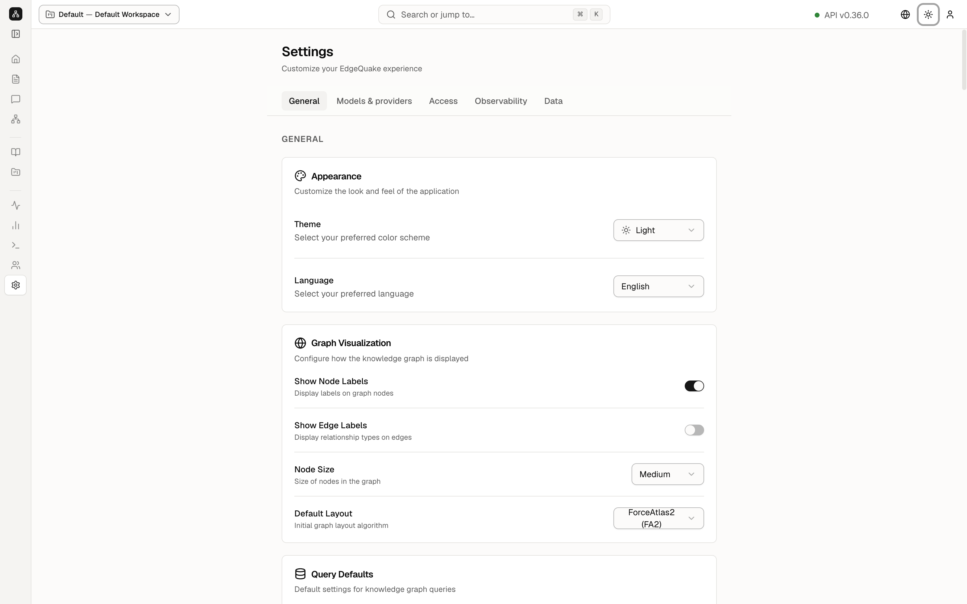 Query Defaults and Ingestion Settings. Default query mode is Smart. Streaming and reranking are on. Gleaning and LLM summarization are on.