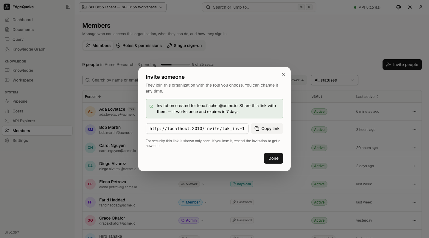 Invite dialog showing the one-time invite link after create.