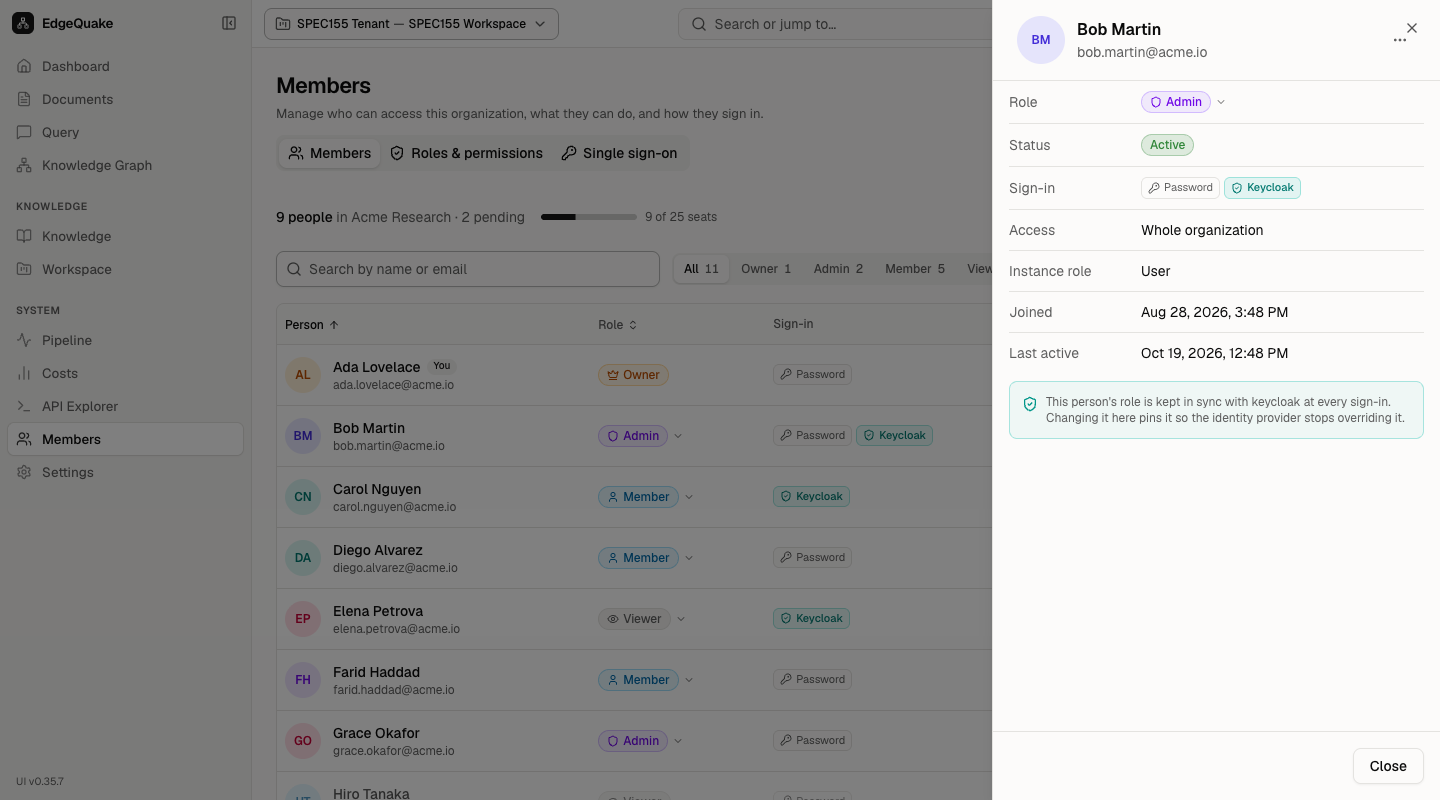 Member detail sheet with role and access actions.